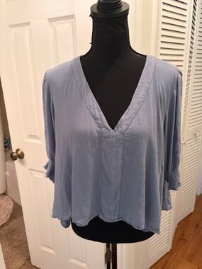 Patrons of Peace Blue V-Neck Top with smocked sleeves and asymmetric hem
